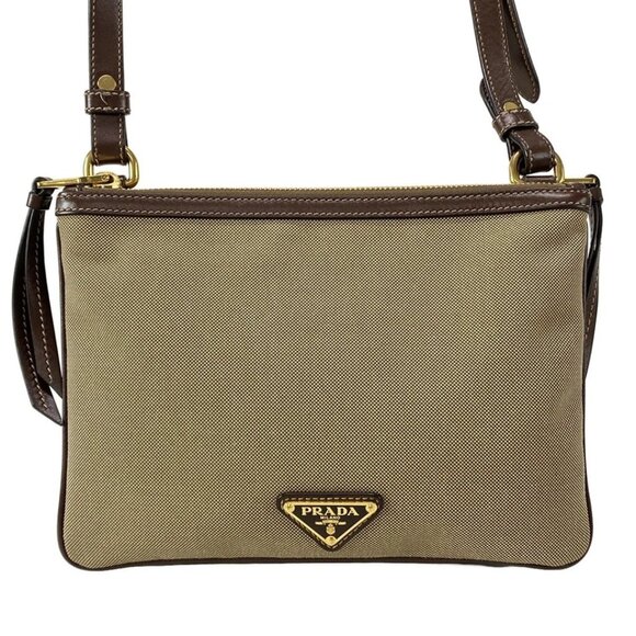 PRADA Logo Jacquard - Khaki Dark Brown Jacquard Leather Shoulder Bag 684-081625 - Picture 2 of 14